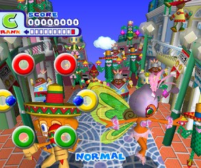 The six rings onscreen indicate the various positions the controllers could be held in. Once a ball dropped into the center of the ring, players were expected to move and shake the controller to the beat