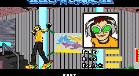 According to Gallerani, the technique used to recreate the "3D" select-a-character area was roughly same as the one used in the skate shop in Tony Hawk's Pro Skater 3 and worked by rendering out several 2D images of a 3D environment to create one long panoramic image that could be loaded and sliced together as the player selected left or right