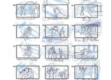 (left) The ranger chases Scott and Chrissie through the ticket office to the cable car. (right) Peter Dobbin's storyboards leave out the interaction with The ranger in the ticket office but include some references to a similar event having just taken place with Chrissie asking Scott, "Who was that guy?"