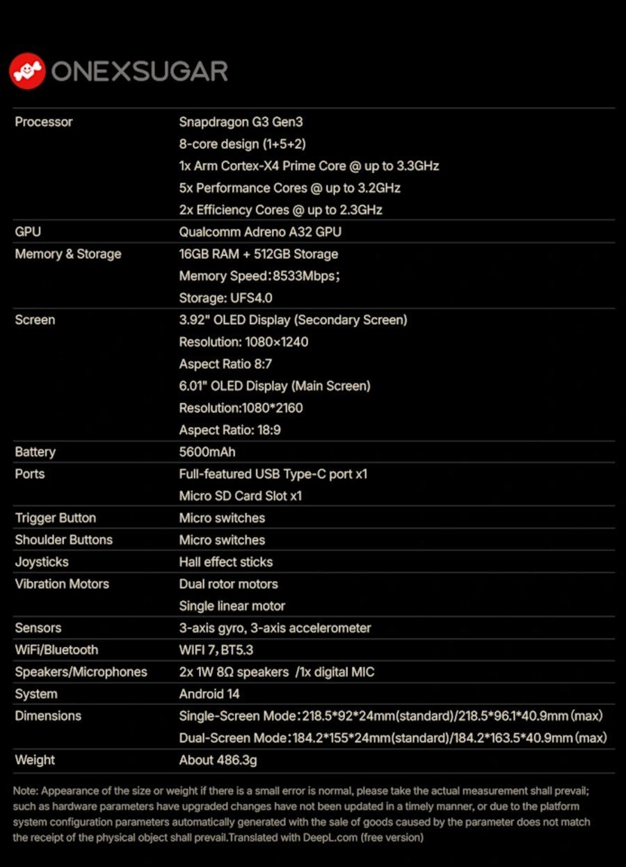 OneXSugar specs