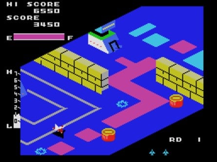 Zaxxon received a reasonable port from arcades, with isometric scrolling and nice use of the system's limited palette. It's not very smooth, but in 1985, it was still just using the stock hardware