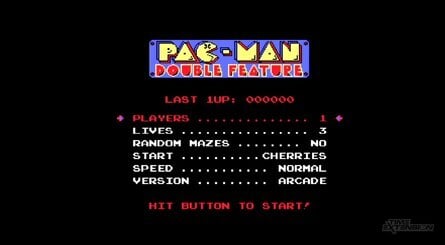 Screens captured directly from the 2600+ Pac-Man Edition with the 4:3 switch enabled. Clockwise from top left: The title screen, showing the various options; DeCrescenzo's 'secret' update of the original 2600 game – note how the maze fills more of the screen; The original 2600 port by Tod Frye; The 7800 port, coded by DeCrescenzo, is a close match to the original coin-op