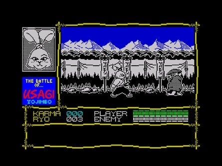 The ZX Spectrum conversion of Samurai Warrior again features a more detailed icon for Miyamoto Yojimbo as part of the UI. But features mostly monochrome graphics and a noticeable lack of music