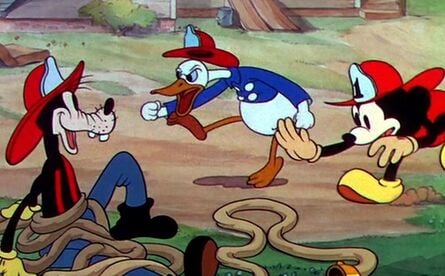 Alpine Climbers (left) sees Mickey, Donald, and Pluto trying to climb the side of a mountain, before getting into altercations with the local wildlife. Mickey's Fire Brigade (right), on the other hand, has Mickey, Donald, and Goofy working as firefighters who must put out a blaze at a nearby hotel