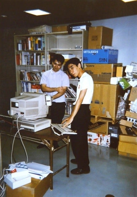 Kouji Yokota (left) with Tomoyoshi Miyazaki (right). The right-hand photo is Yokota-san at his workstation