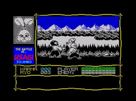 The ZX Spectrum conversion of Samurai Warrior again features a more detailed icon for Miyamoto Yojimbo as part of the UI. But features mostly monochrome graphics and a noticeable lack of music