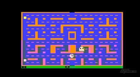 Screens captured directly from the 2600+ Pac-Man Edition with the 4:3 switch enabled. Clockwise from top left: The title screen, showing the various options; DeCrescenzo's 'secret' update of the original 2600 game – note how the maze fills more of the screen; The original 2600 port by Tod Frye; The 7800 port, coded by DeCrescenzo, is a close match to the original coin-op