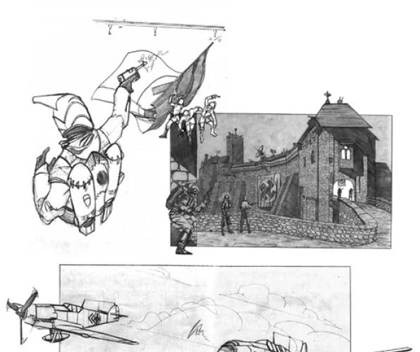 Here is some of the artwork Christiansen produced for The Rocketeer pitch, which has been available on his website for over a decade