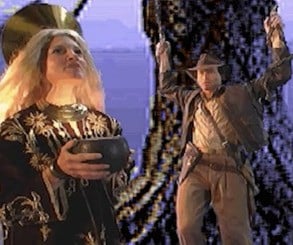 Here are some screenshots of the test that LucasArts' technology group put together featuring artist and designer Collette Michaud as the druid high priestess, and an unknown actor in the role of Indy