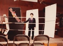 Left: The sell sheet for Punch Out!!, which was designed and conceived by Momoda. Right: images of Momoda, the Nintendo of America team, and Momoda with boxing legend Larry Holmes