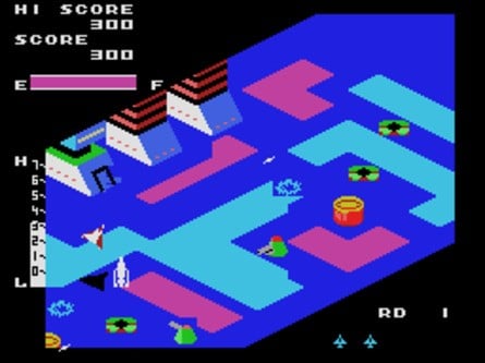 Zaxxon received a reasonable port from arcades, with isometric scrolling and nice use of the system's limited palette. It's not very smooth, but in 1985, it was still just using the stock hardware