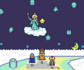 Rosalina was actually considered as a possible playable character for the hack, but sadly, according to MrL314, because her character isn't symmetrical with her hair, to have her in races would have involved "refactoring the engine to such an extent that it would basically be creating a whole new rendering engine"