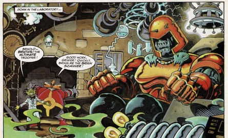 Brutus was a trooper, created using Robotnik's brainwaves. Unsurprisingly, sharing Robotnik's desires, he wastes absolutely no time double-crossing his creator to get what he wants
