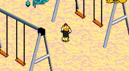 According to Gallerani, the technique used to recreate the "3D" select-a-character area was roughly same as the one used in the skate shop in Tony Hawk's Pro Skater 3 and worked by rendering out several 2D images of a 3D environment to create one long panoramic image that could be loaded and sliced together as the player selected left or right