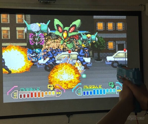 As a rule of thumb, the larger the display, the better the performance. G'AIM'E even works on projectors