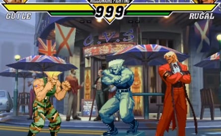 Rugal's pre-fight introduction in KOF '94, with Guile's statue in the background (left). Guile and Rugal's pre-fight exchange in CvS2 (right)