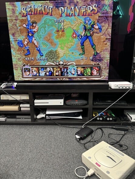 The 5X Pro running on PC-FX (left), Saturn (middle) and Sega Multi-Mega (right)