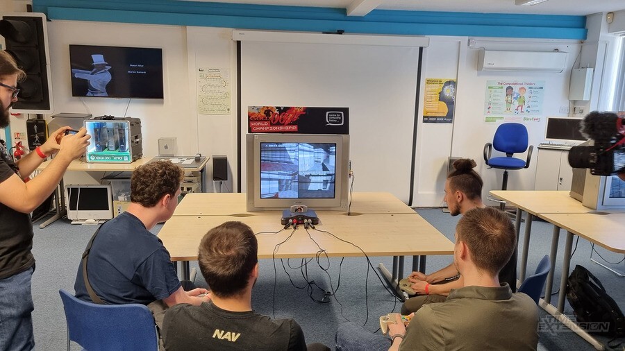 A GoldenEye 007 multiplayer match in the 80s classroom