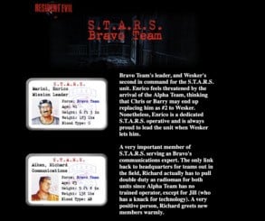 Resident Evil website in 1997. Features biographies for Alpha Team, Bravo Team, and some of its biologically-engineered monsters. Itchy, Tasty!