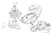 (Left to right clockwise) Satoshi Okano's concept art for Jet, EO, Love, Fly High, and Baribroon — the main playable characters featured in Uchuu Race: Astro Go! Go!