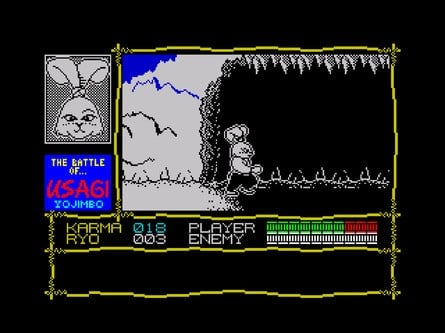 The ZX Spectrum conversion of Samurai Warrior again features a more detailed icon for Miyamoto Yojimbo as part of the UI. But features mostly monochrome graphics and a noticeable lack of music