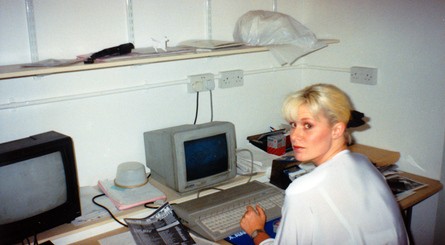 Jonathan Dunn and Steve Wahid play Operation Thunderbolt (top left). Steve Wahid is caught lifting Jane Lowe to her feet (top right). Dawn Drake gets interrupted while working (bottom left). And a picture of Arcade Alley at Ocean, where the programmers could play the arcade games that they planned to port (bottom right).