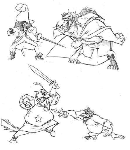 The only surviving concept art for the project are these drawings, posted by Christiansen more than a decade ago