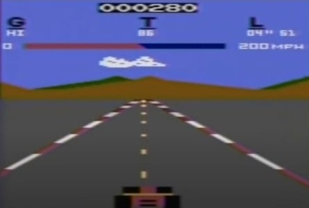 Pole Position running on the Atari 2600+ (left) and on original hardware (right)