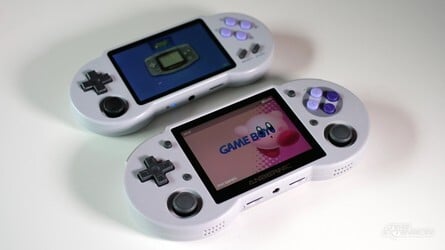 The RG353P takes inspiration from the PocketGo S30 (the uppermost console in the left-hand photo), which in turn takes inspiration from the SNES. You'll find an array of connections on the top edge of the RG353P (right)