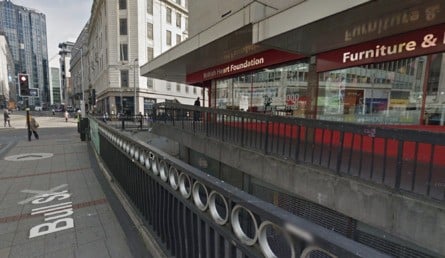 The location in 2017, with the CeX branding still visible on the windows (left). Fast forward to 2026, and the lower level has been completely filled in to accommodate the wider road and pathway