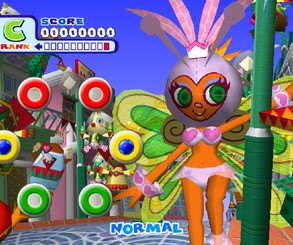 The six rings onscreen indicate the various positions the controllers could be held in. Once a ball dropped into the center of the ring, players were expected to move and shake the controller to the beat