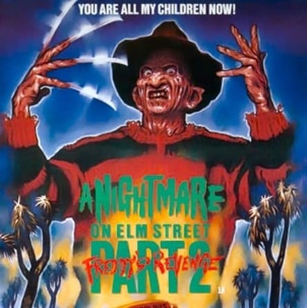 A comparison of the UK poster for A Nightmare on Elm Street Part 2: Freddy's Revenge and the title screen of the NES game. While many have incorrectly assumed that Rare got it wrong with this image by omitting the infamous glove, you can see Freddy isn't wearing it in the poster