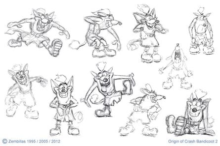 After Pearson pitched a new look for Crash, it was Zembillas's job to refine this design, coming up with the idea for the character's manic personality