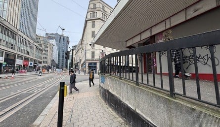 The location in 2017, with the CeX branding still visible on the windows (left). Fast forward to 2026, and the lower level has been completely filled in to accommodate the wider road and pathway