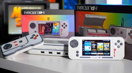 Blaze's range includes the Super Pocket (top left), Evercade Alpha (top right) and Evercade VS-R and EXP-R (bottom right). Later this year, the company will launch the Evercade Nexus