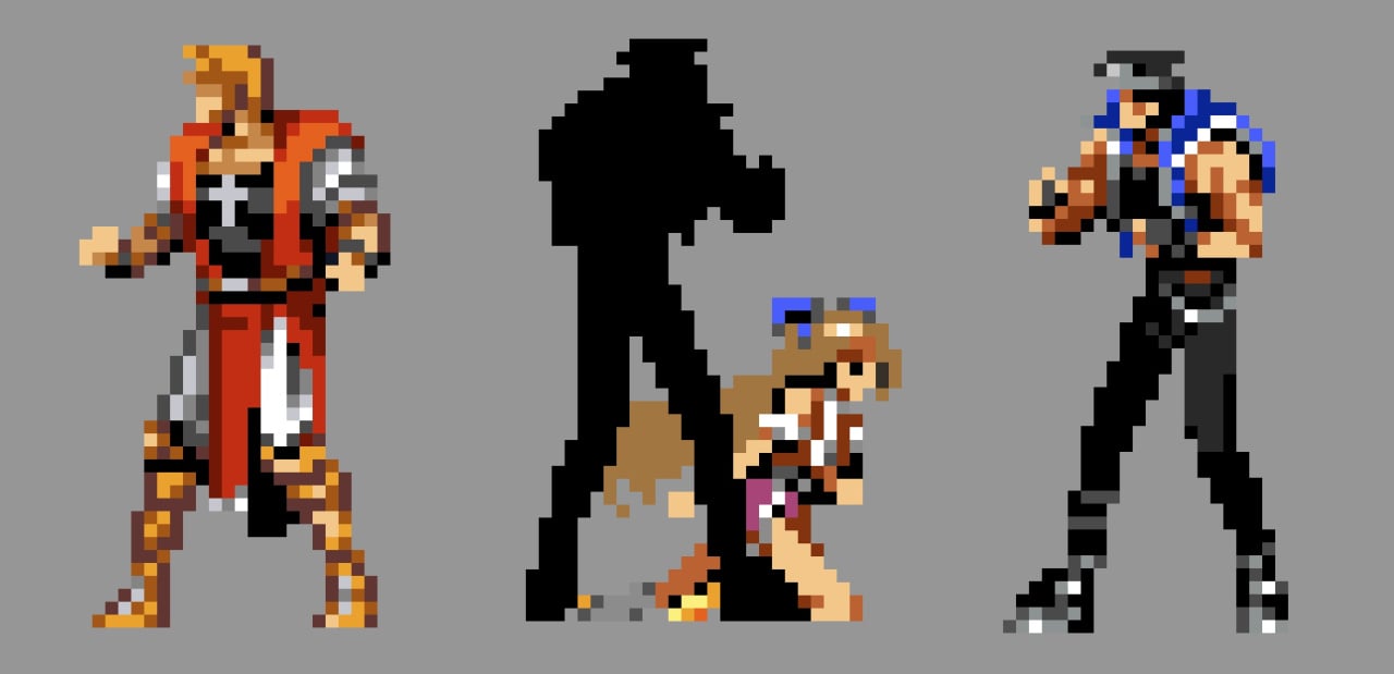 Da esquerda para a direita: rival de Richter, Maria Renard e Richter Belmont. Esses sprites de personagens são a única evidência do Castlevania 32X –Imagem: Konami