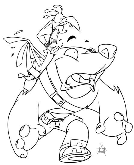 Adrian Barrios's design for Banjo (left) and Keith Conroy's final design (right). The final design also featured colouring from Lopez