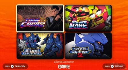 Clockwise, from top left: This is the game selection menu that greets you when you turn on the Premium and Ultimate editions of G'AIM'E; The pause menu; The calibration screen; The options menu, which is different for each title, allows you to tinker with things like on-screen cursors and overall difficulty