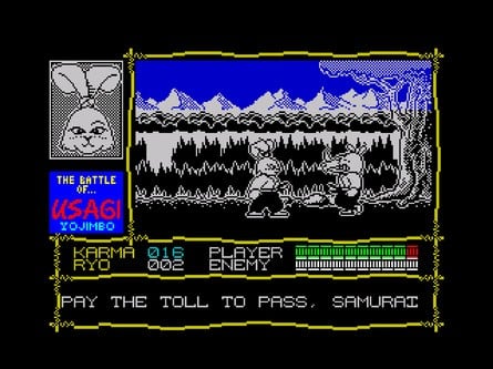 The ZX Spectrum conversion of Samurai Warrior again features a more detailed icon for Miyamoto Yojimbo as part of the UI. But features mostly monochrome graphics and a noticeable lack of music