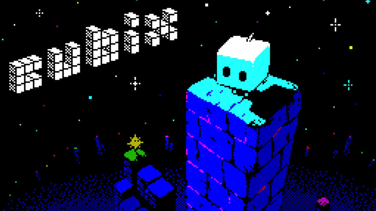The image depicts a pixel art scene set against a black starry background with small, colorful dots representing distant stars. On the right side, a small blocky character with a white and light blue color scheme and simple black eyes is peeking over the edge of a tall blue brick tower composed of rectangular blocks. On the left side, white pixelated text is arranged vertically, while near the base of the tower there are smaller blue blocks and a small pixelated yellow flower with green leaves, adding a touch of natural detail to the otherwise digital and geometric environment.