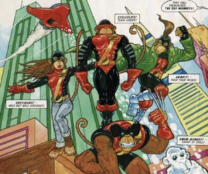 Stringer brought his penchant for superhero parodies to issues 93, 94, and 96 of the comic