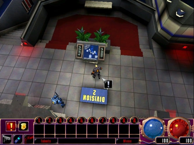 Sanity featured a top-down view, with a camera that could manipulated to rotate around the player or zoom in or out, depending on the player's preference. Here you can see the DNPC headquarters, which serves as a hub between certain missions
