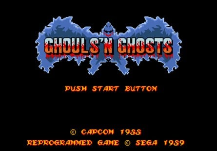 Depending on what system you boot the game on, Ghouls 'n Ghosts either displays the Japanese title screen (left) or the Western one (right) – both screens are on the cartridge