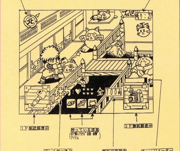 Ganbare Goemon 5 concept art. Note the depiction of the scrapped multiplayer mode (left) and the cut Impact stage set in the US (bottom right)