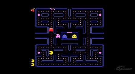 Screens captured directly from the 2600+ Pac-Man Edition with the 4:3 switch enabled. Clockwise from top left: The title screen, showing the various options; DeCrescenzo's 'secret' update of the original 2600 game – note how the maze fills more of the screen; The original 2600 port by Tod Frye; The 7800 port, coded by DeCrescenzo, is a close match to the original coin-op