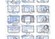 (left) The ranger chases Scott and Chrissie through the ticket office to the cable car. (right) Peter Dobbin's storyboards leave out the interaction with The ranger in the ticket office but include some references to a similar event having just taken place with Chrissie asking Scott, "Who was that guy?"