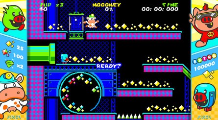 To clear a stage, players must collect all the jewels on the stage. You can use warp pipes to screen wrap or drop through certain holes in the level to emerge at the top of the screen.