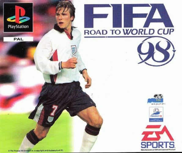 The PAL covers for FIFA Road to World Cup 98, World Cup 98, and FIFA 99, featuring David Beckham and Dennis Bergkamp. You can take a look at the other FIFA cover stars in our guide.