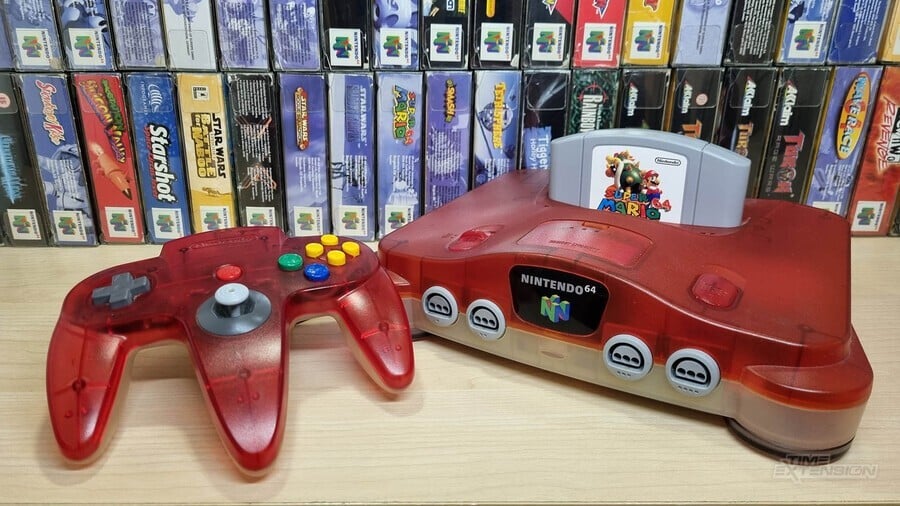 Red and white Nintendo 64 console.
