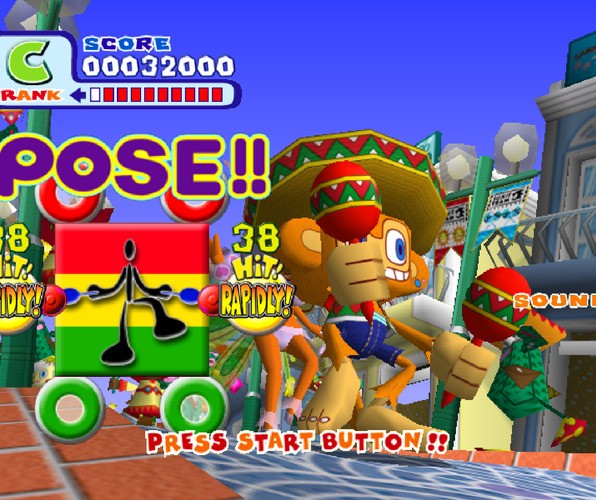 The six rings onscreen indicate the various positions the controllers could be held in. Once a ball dropped into the center of the ring, players were expected to move and shake the controller to the beat